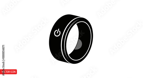 Black and white vector illustration of a camera lens with power button symbol.