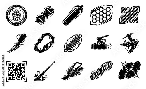 Woodcut Style Mechanical Engineering Elements Graphic Set for Industrial Equipment and Tactical Hardware Design