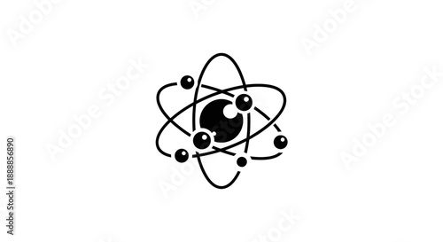 Black and white illustration of an atomic model with electrons orbiting the nucleus.