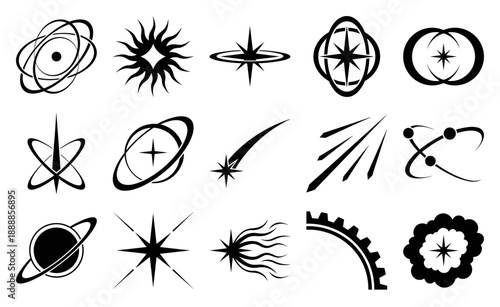 Minimalist Cosmic Y2K Celestial Graphic Asset Sheet for Retro Futurist Branding and Science Fiction Design