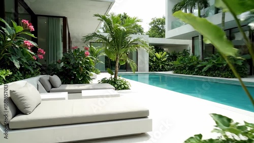 Modern house exterior poolside view