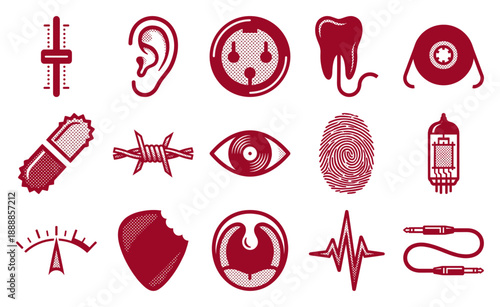 Retro Woodcut Style Music and Medical Graphic Elements Set for Grunge Editorial Design