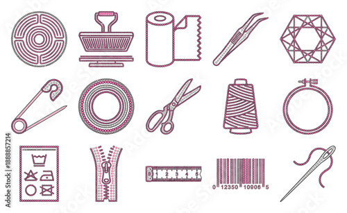 Pink Beaded Sewing and Haberdashery Icon Set for Textile Industry Crafting and Fashion Design Assets