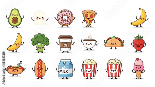 A diverse collection of cute and happy cartoon food and drink characters.