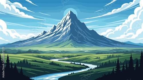 Stunning mountain landscape featuring a tall snow-capped peak overlooking a winding river through lush green valleys.