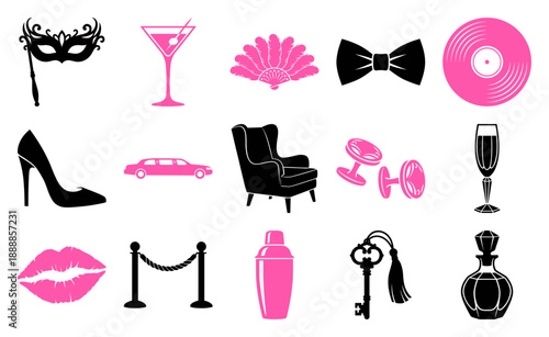 Flat Vector Cabaret and Glamour Nightlife Element Kit for Elegant Masquerade Party Invitations