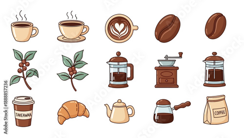 Collection of cute coffee related icons.