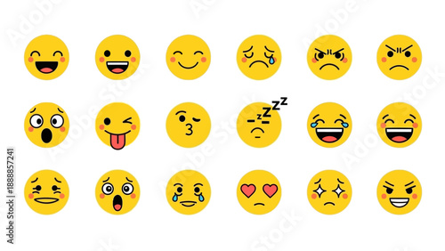 Collection of diverse cartoon emojis showing various human emotions.
