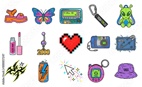 Retro Y2K Aesthetic Sticker Graphic Element Kit for Nostalgic Millennium Web Design