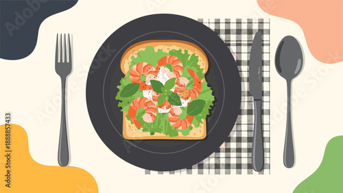 Healthy shrimp and avocado toast served on a dark plate with fork and knife on a creative colorful artistic background for brunch.