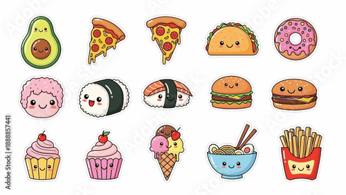 Collection of cute kawaii food characters and delicious snack stickers on white background.