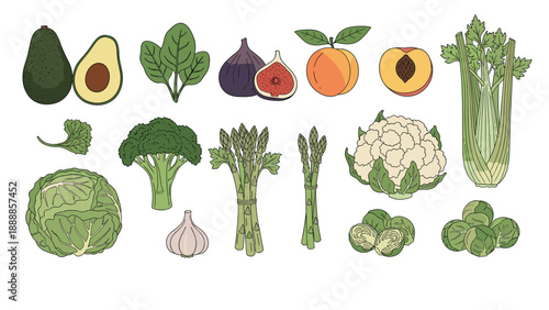 Large assortment of healthy organic vegetables and fruits including avocado, broccoli, garlic, and figs isolated on a plain white background.