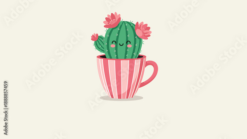 Adorable smiling cactus plant with vibrant pink flowers sitting in a pink and white striped teacup isolated on a neutral background.