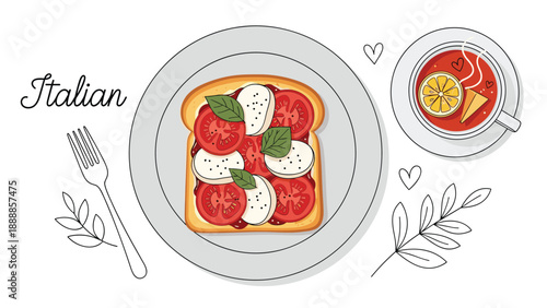 Italian style tomato and mozzarella toast garnished with basil leaves served with a cup of hot lemon tea for healthy breakfast or snack.