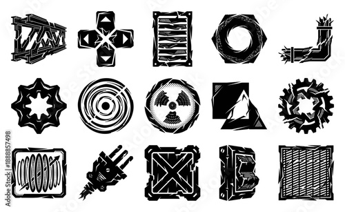 Woodcut Industrial Scrapyard Elements Collection for Post-Apocalyptic Survival Games and Distopian Asset Sheets