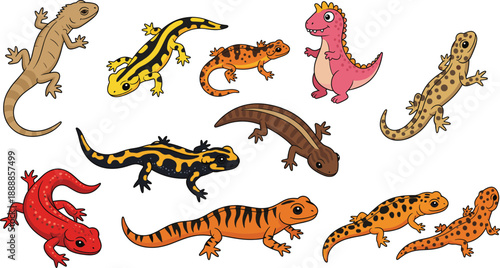 Cute cartoon lizard and salamander characters set. Colorful geckos and baby reptiles in playful poses. Flat vector illustration for kids design, education, stickers and apps.