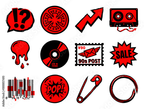 Grungy Neo-Punk Red and Black Graphic Element Kit for Alternative Streetwear and Y2K Zine Design