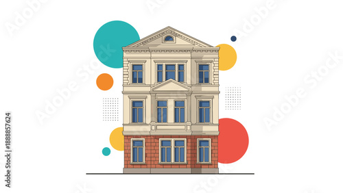 Classic architectural style three story residential building with decorative elements and colorful geometric shapes background.