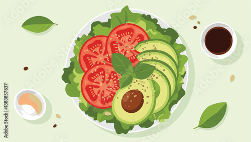 Healthy fresh vegetable salad plate containing sliced avocado and tomatoes over a bed of green lettuce leaves on a light background.