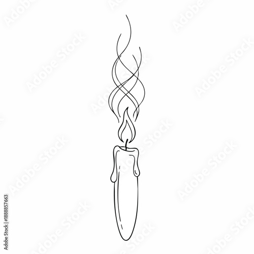 A simple vector line drawing of a candle with melting wax and a wavy flame on a plain white background.