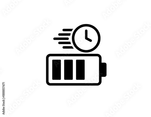 This vector image displays a battery icon combined with a fast-moving clock symbol representing quick charging and time efficiency