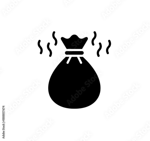 A black silhouette vector image of a tied garbage bag with wavy lines indicating a foul odor or unpleasant smell
