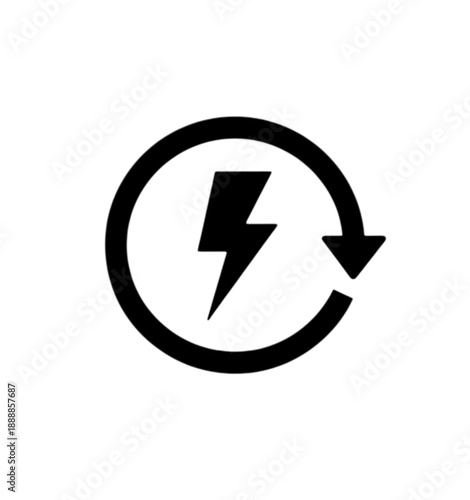 This vector image features a lightning bolt surrounded by a circular arrow symbolizing renewable energy, power recycling, or a system restart