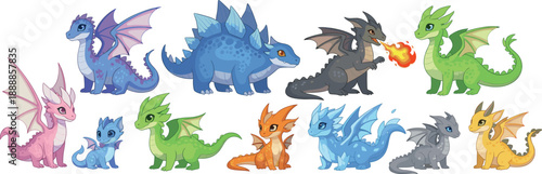 Cute cartoon dragon characters set. Colorful fantasy dragons with wings, fire and baby forms. Flat vector illustration for kids design, games, stickers and fantasy themes.
