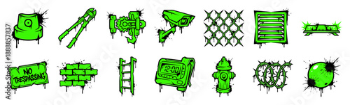 Graffiti Style Urban Infiltration and Security Element Kit for Street Art and Underground Culture Design