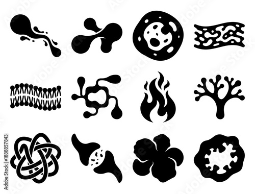 Minimalist Biological Fluid and Microscopic Molecule Icon Asset Sheet for Science and Biotechnology Research