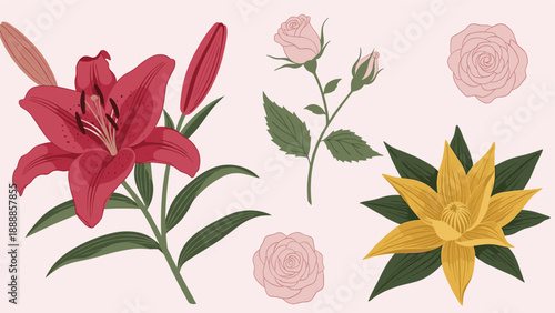 Beautiful collection of various colorful flowers including a large red lily, delicate roses, and a yellow clematis on light pink.