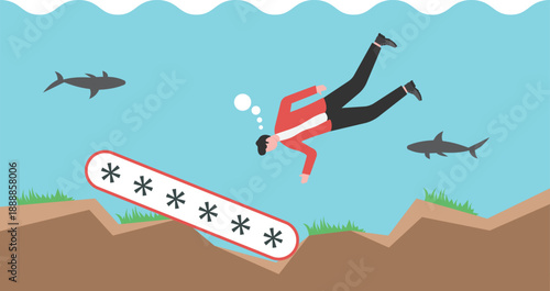 Cyber Failure Concept with Professional Drowning in Deep Sea with Sinking Password Bar

