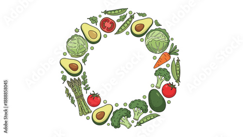 Circular wreath arrangement of various fresh healthy vegetables like avocado, tomato, broccoli, carrot, and asparagus on white.