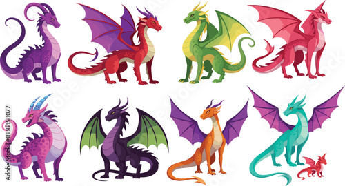 Cute cartoon dragon characters set. Colorful fantasy dragons with wings and different poses. Flat vector illustration for kids design, games, stickers and fantasy themes.