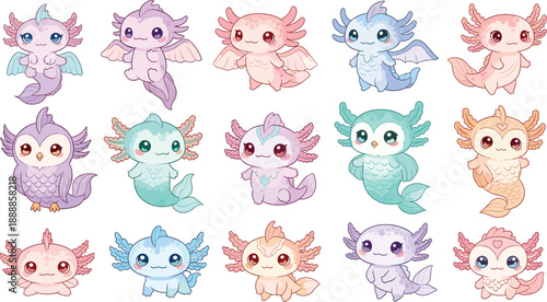 Cute cartoon axolotl fantasy creatures set. Pastel kawaii sea monsters with wings and fins. Flat vector illustration for kids design, stickers, games and nursery themes.
