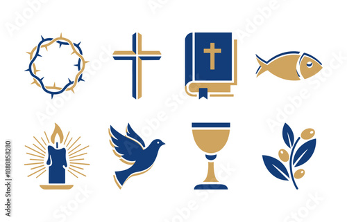 Christian Easter Religious Icons Set with Cross Holy Bible Crown of Thorns and Holy Spirit Dove Symbols