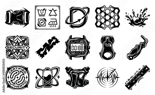Woodcut Style Tactical Gear and Tech Elements Graphic Set for Outdoor Equipment and Industrial Branding