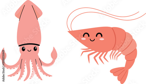 Cute cartoon sea food characters set. Squid and shrimp with happy faces. Flat vector illustration for kids design, stickers, apps and marine themes.