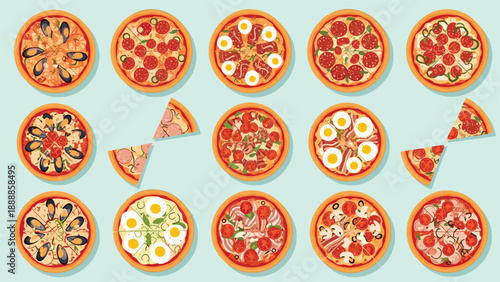 Large overhead view of many different types of whole and sliced pizzas with various toppings arranged on a light blue background.