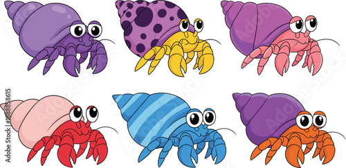 Cute cartoon hermit crab characters set. Colorful funny sea crabs with shells. Flat vector illustration for kids design, stickers, apps and marine themes.