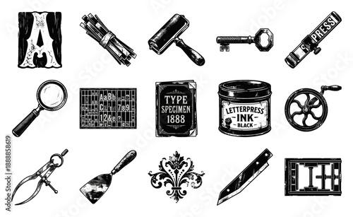 Vintage Letterpress Printing Engravings Asset Sheet for Traditional Craft Typography and Publishing Design