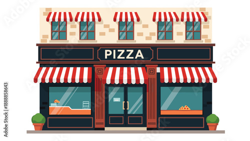 Charming storefront of a traditional pizza restaurant with black walls, red and white striped awnings, and large glass windows.