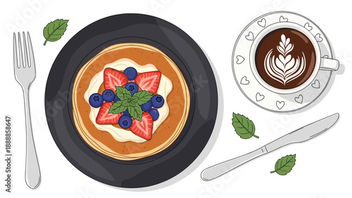 Tasty stack of pancakes topped with whipped cream, fresh strawberries, and blueberries served beside a cup of latte art coffee.