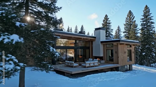 Snowy cabin exterior