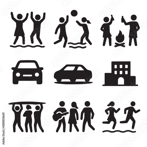 Collection of black silhouette icons representing diverse human activities and objects including people dancing playing sports enjoying a campfire driving cars a building
