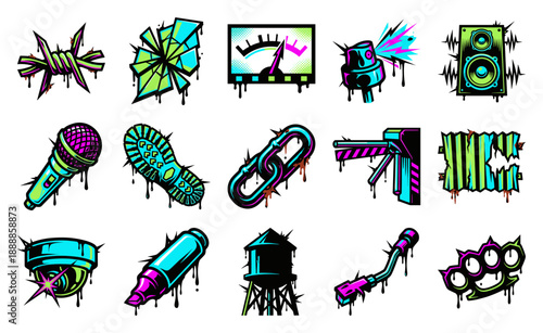Neon Graffiti Street Culture Asset Sheet Featuring Urban Underground Punk Elements for Music Poster Design