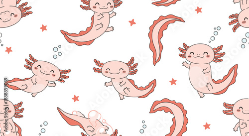 Cute axolotl cartoon pattern. Seamless repeating background with smiling baby axolotls, bubbles and stars. Kawaii aquatic animal illustration isolated on white.