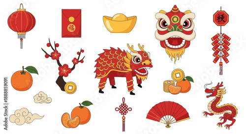 Chinese New Year Symbols: Lantern, Dragon, Lion Dance, Red Envelope, Tangerines, Plum Blossoms