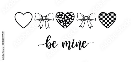 Valentine’s Day Be Mine Heart and Bow Hand Drawn Line Art Icons Isolated on White