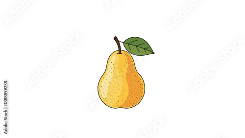 Simple graphic illustration of a single ripe yellow pear with a small brown stem and one green leaf on a plain white background.